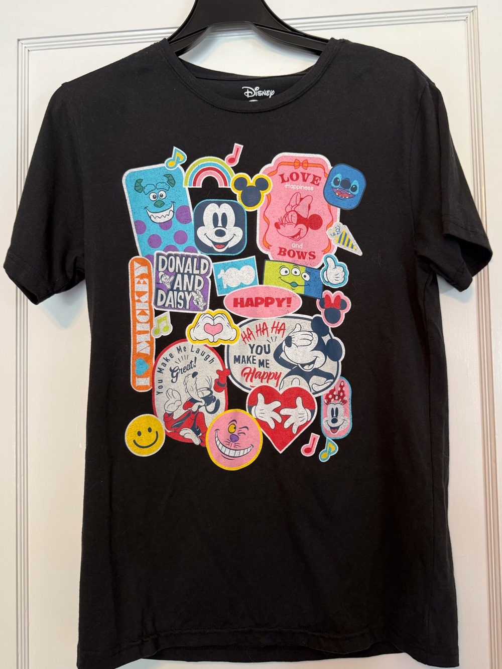 Disney Black Short Sleeve Tee with Colorful Patchwork Graphics
